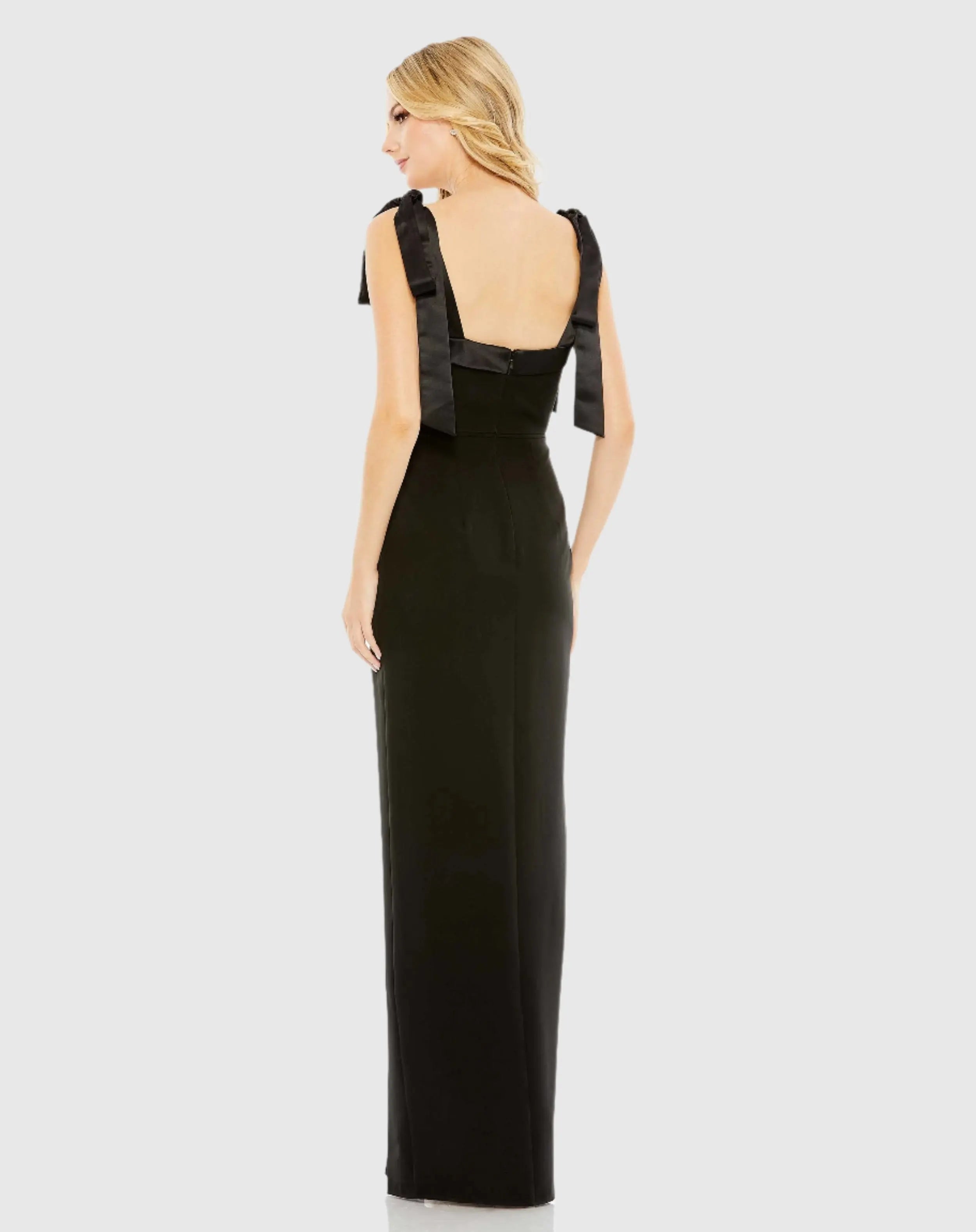Black Square Neck Tie Strap Slit Gown