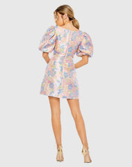 Pink Floral Puff Shoulder Brocade Mini Dress