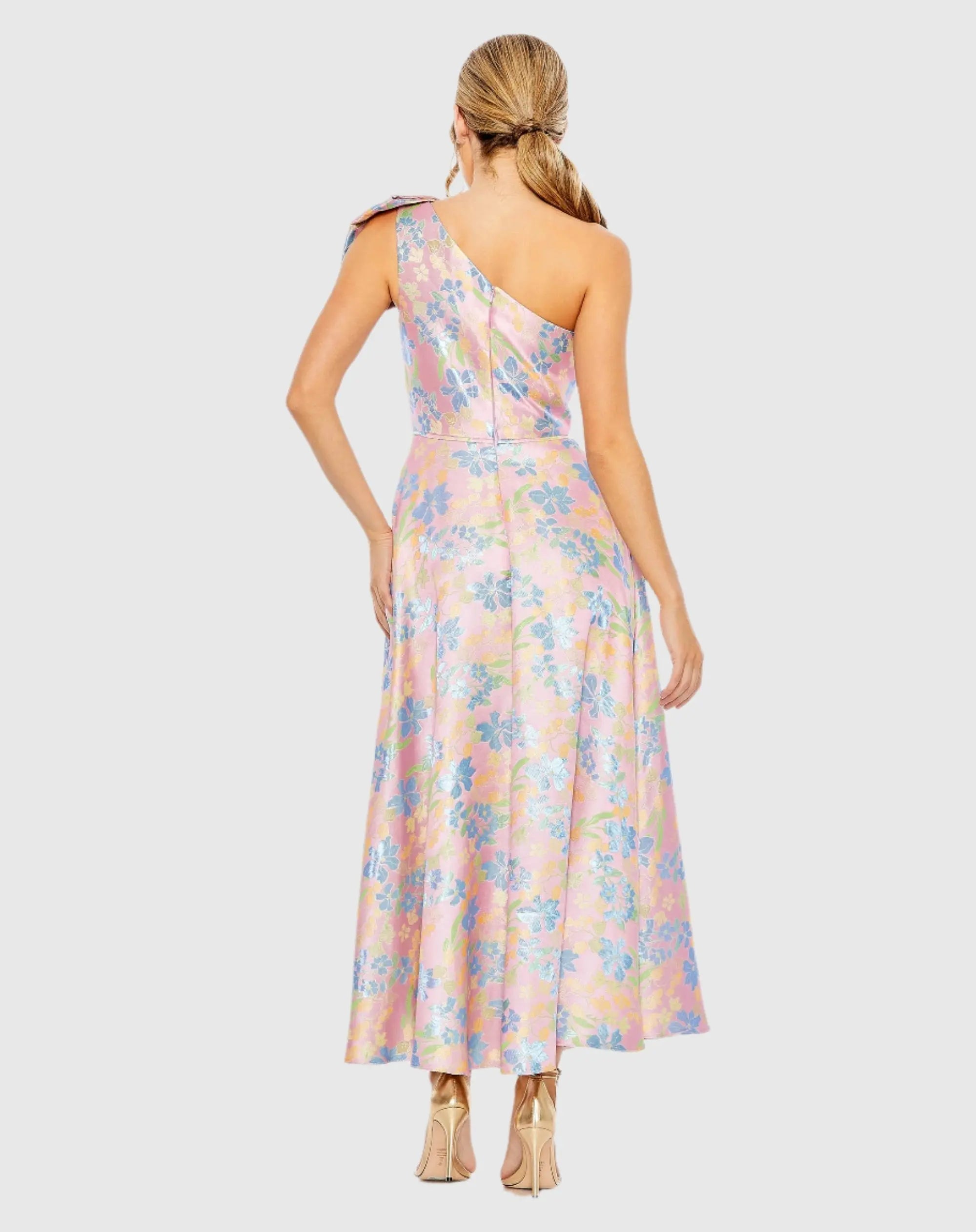 Pink One Shoulder Embroidered Floral A Line Dress