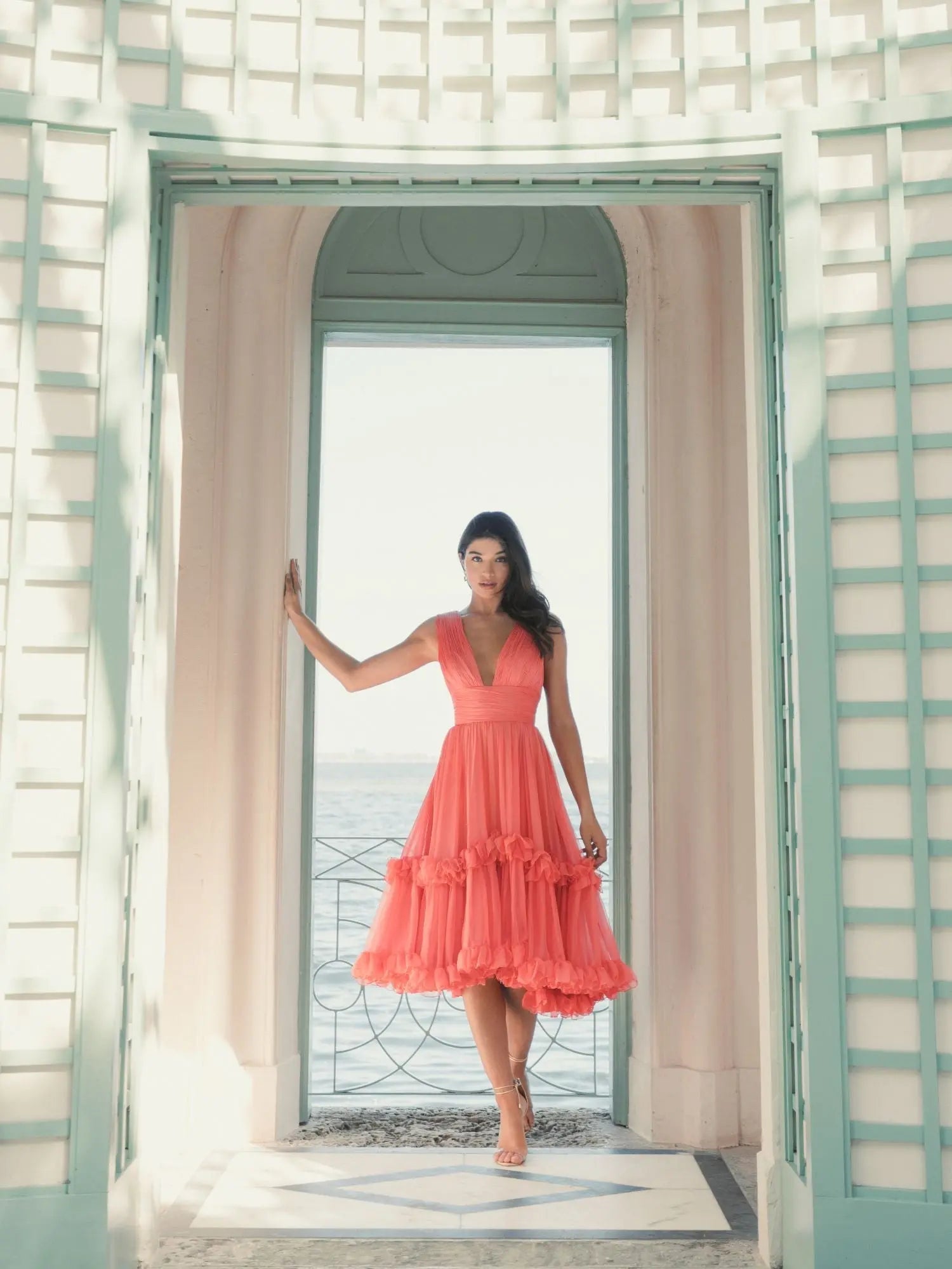 Orange V-Neck Sleeveless Tiered Ruffle Midi Dress