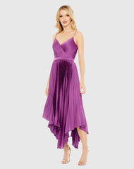 Purple Pleated Satin Flowy Midi Dress