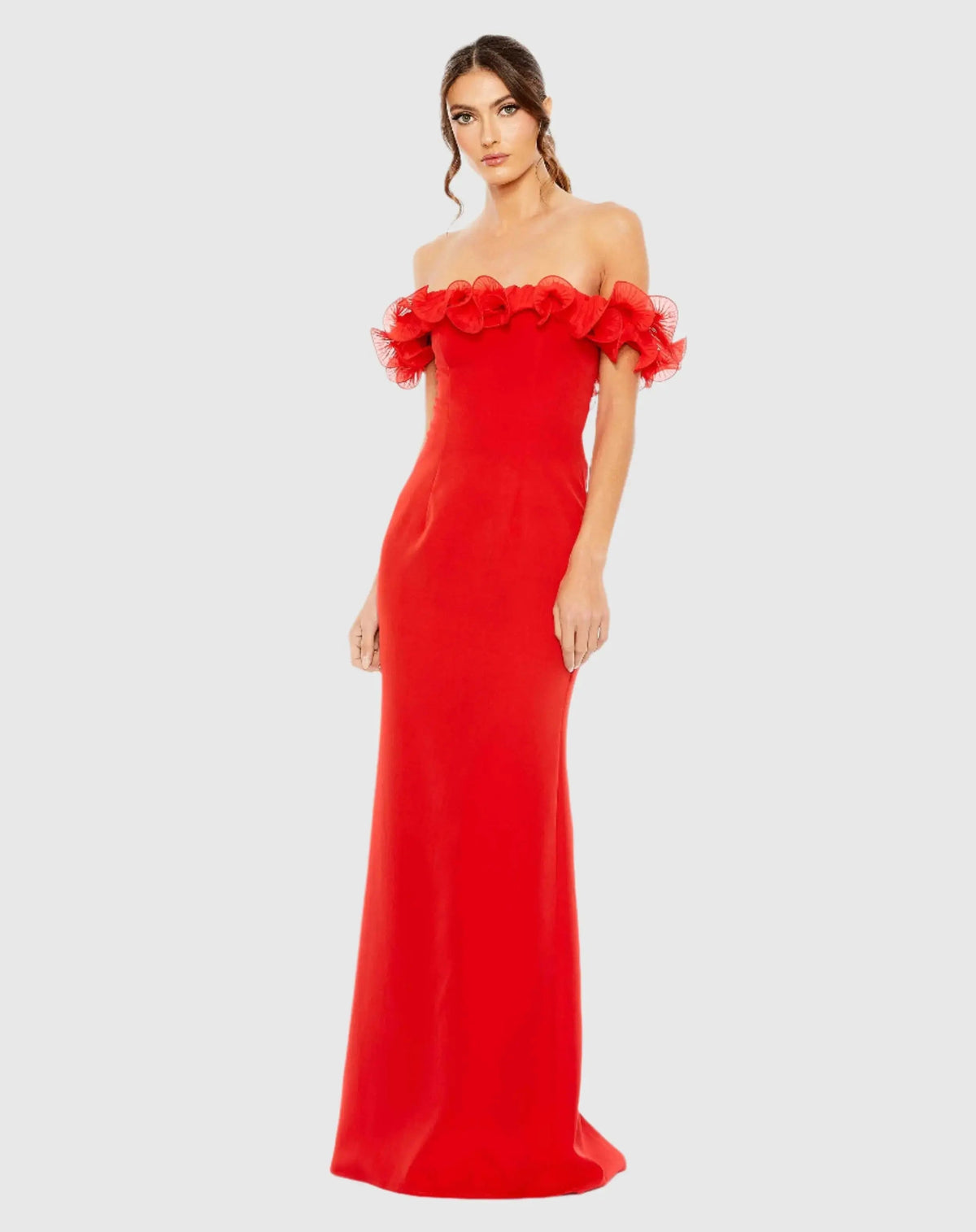 Red Off the Shoulder Ruffle Detail Column Gown