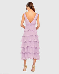 Purple Deep V Chiffon Sleeveless Ruffle Midi Dress