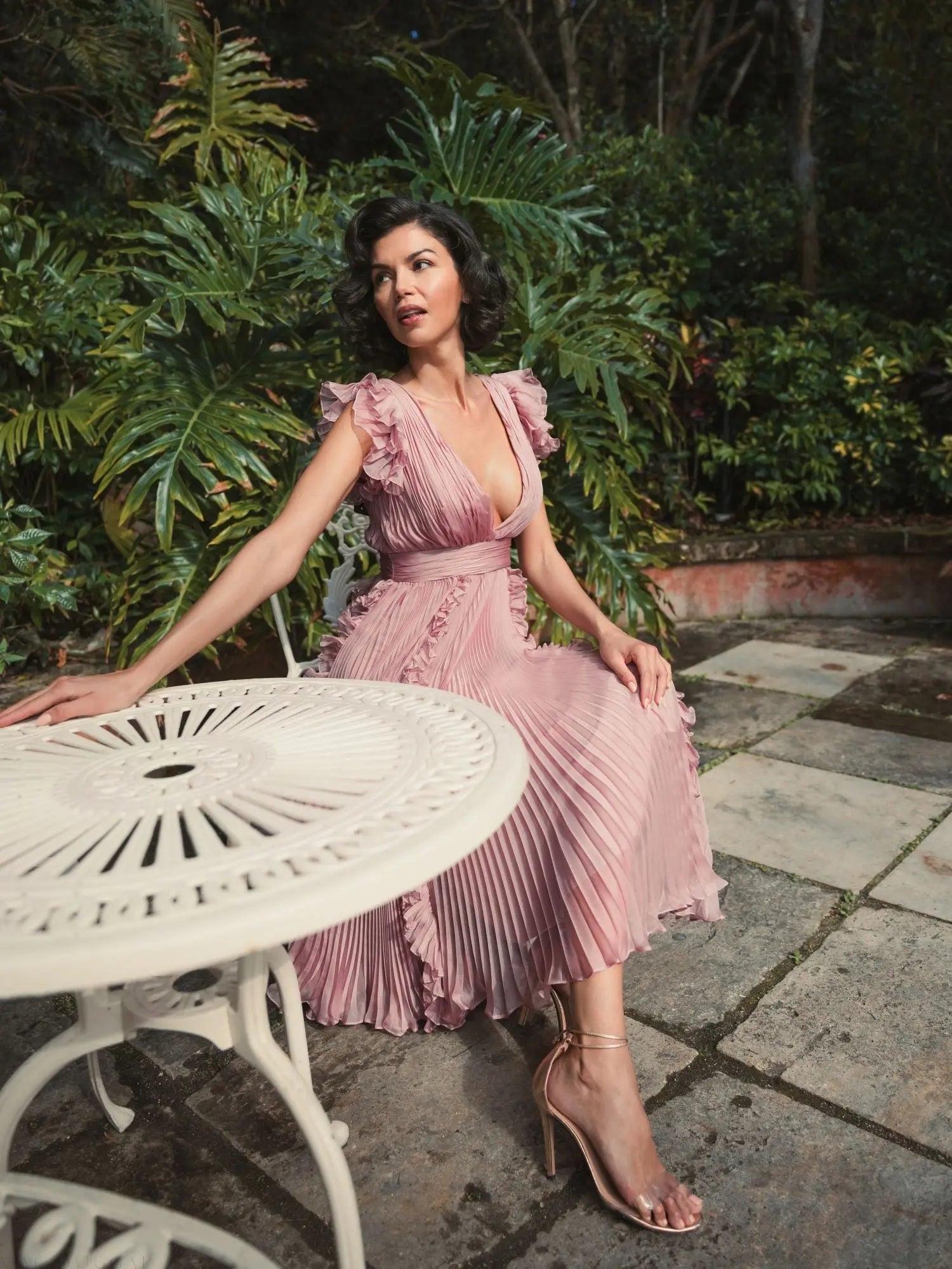 Pink Pleated Chiffon V Neck Ruffle Midi Dress