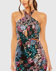 Black Sequin Embellished Cross Neck Gown