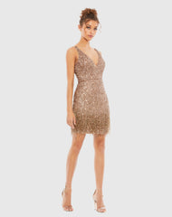 Brown Beaded Fringe Sequined Mini Dress