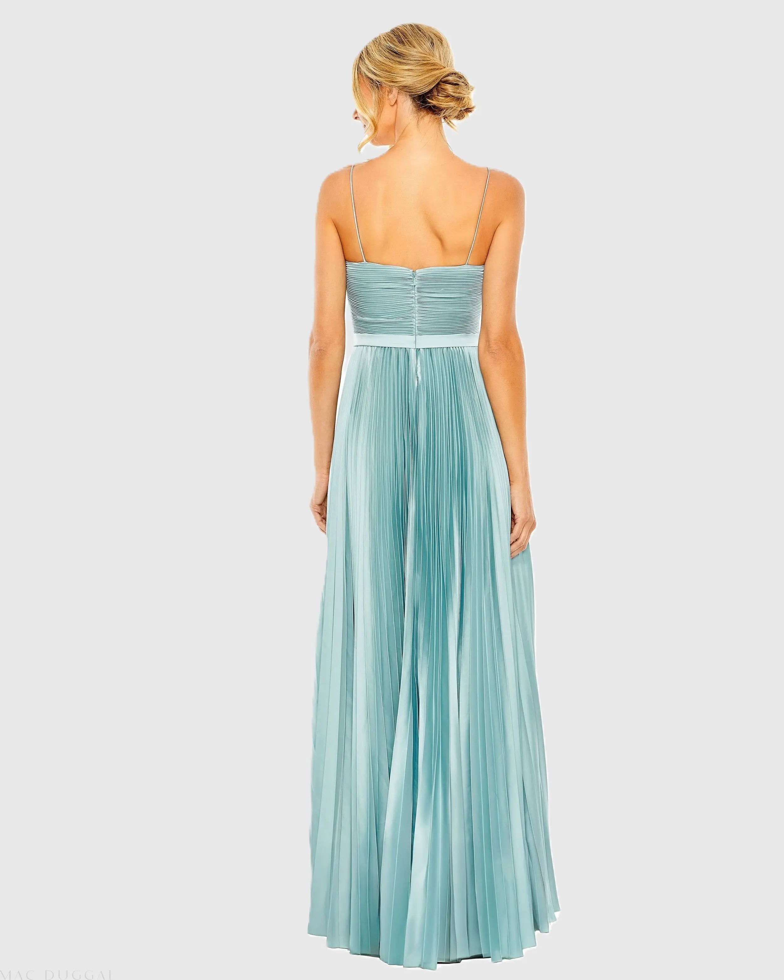 Blue Spaghetti Strap Surplice Top Pleated Dress