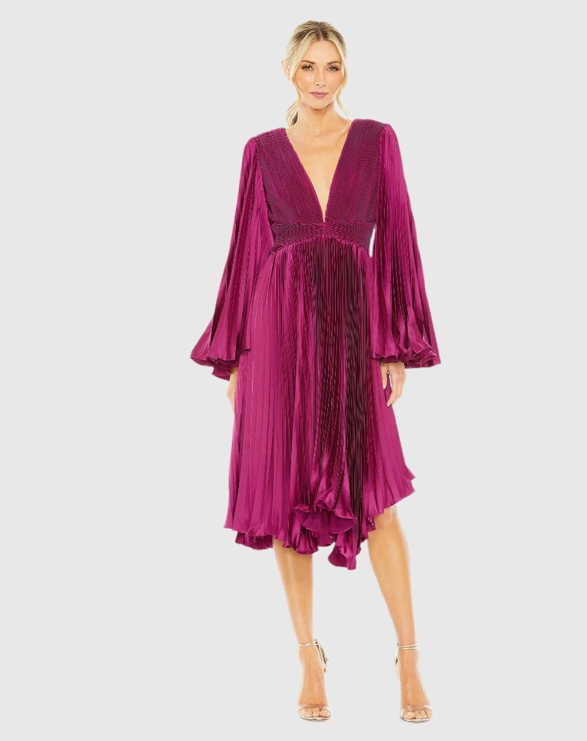 Purple Long Flare Sleeve Pleated Dress