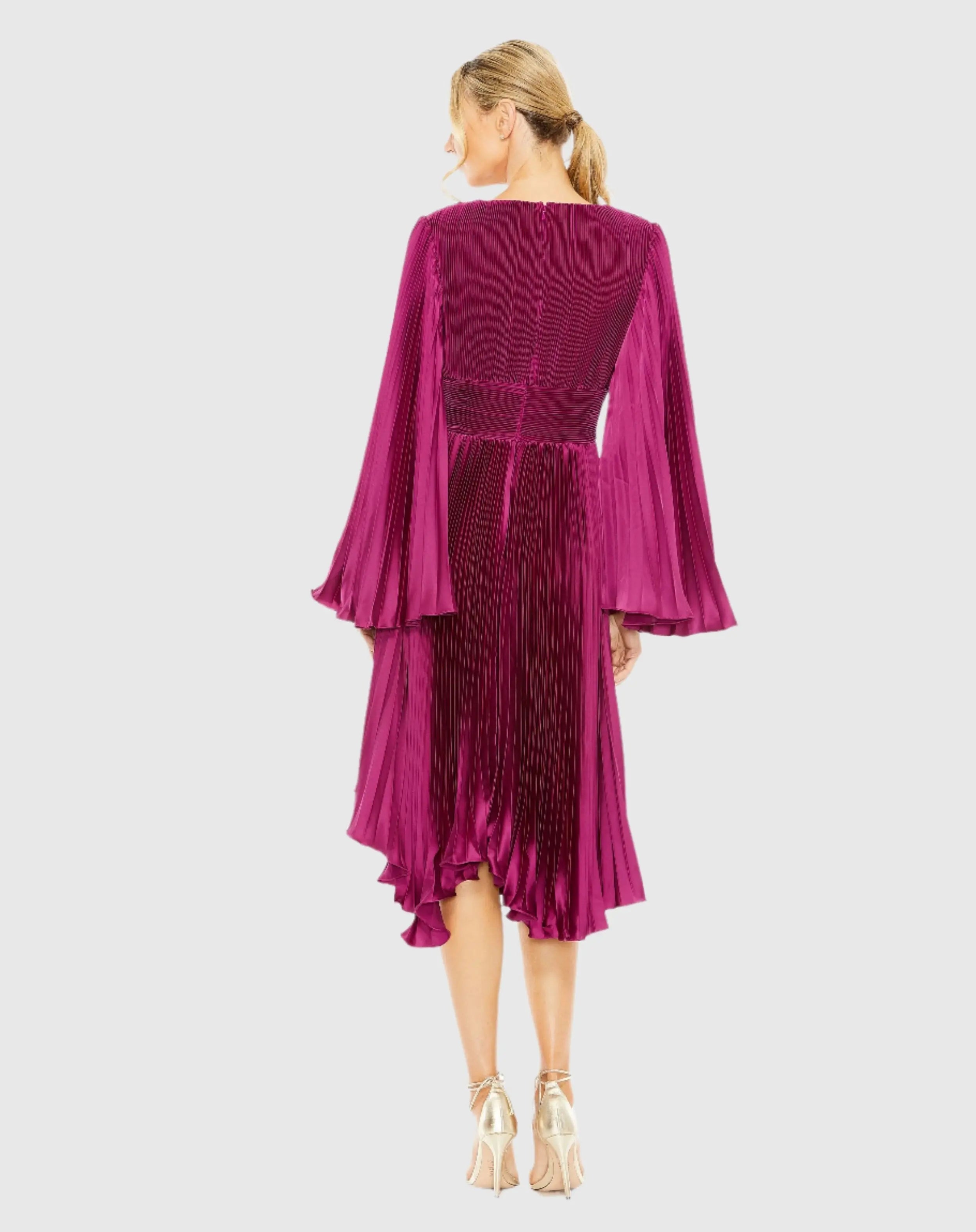 Purple Long Flare Sleeve Pleated Dress