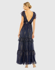 Navy Ruched Top Flutter Sleeve Deep V Gown