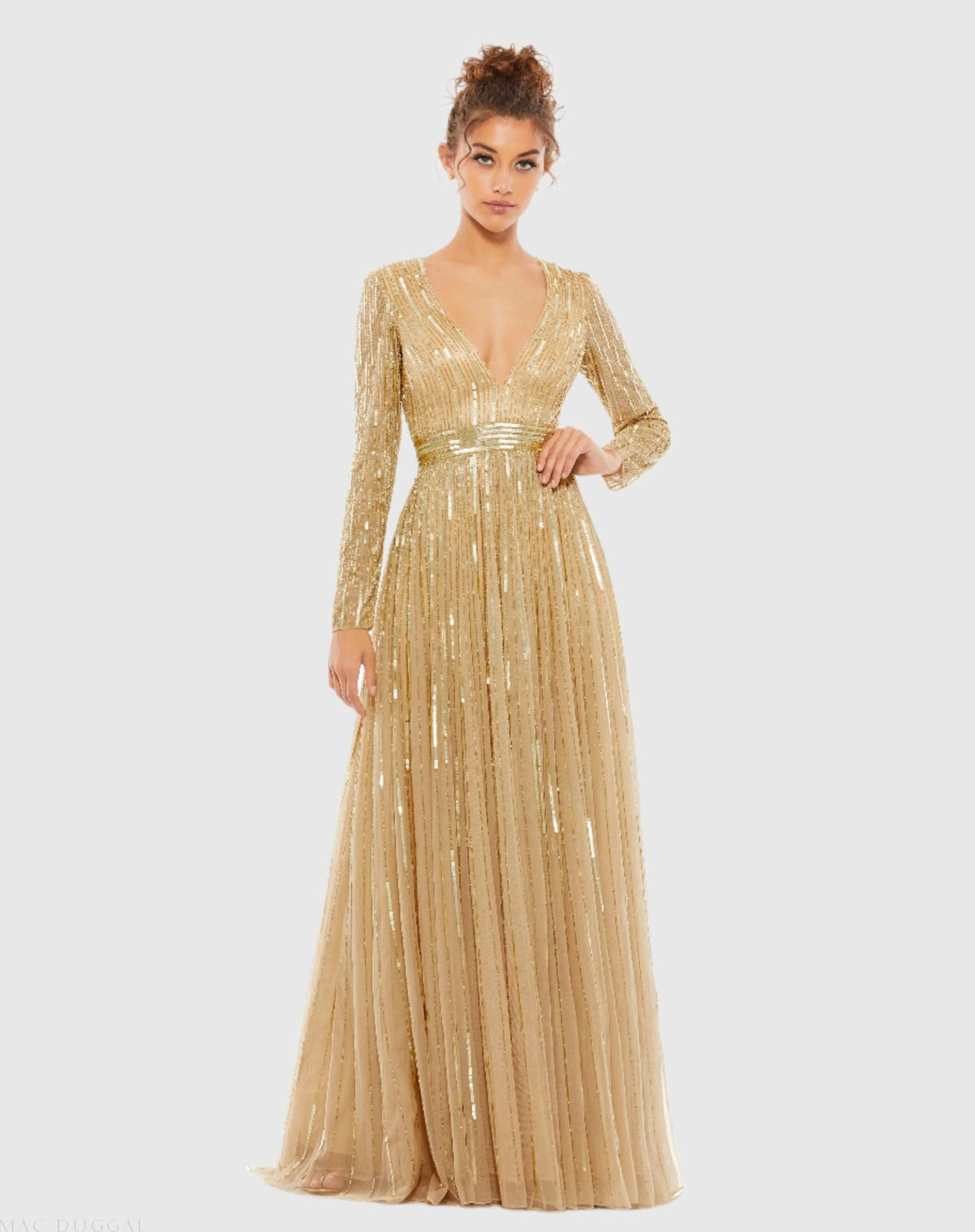Sequined V Neck Illusion Sleeve A Line Gown