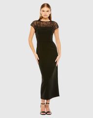 Black Sheer Lace Illusion Crepe Midi Dress