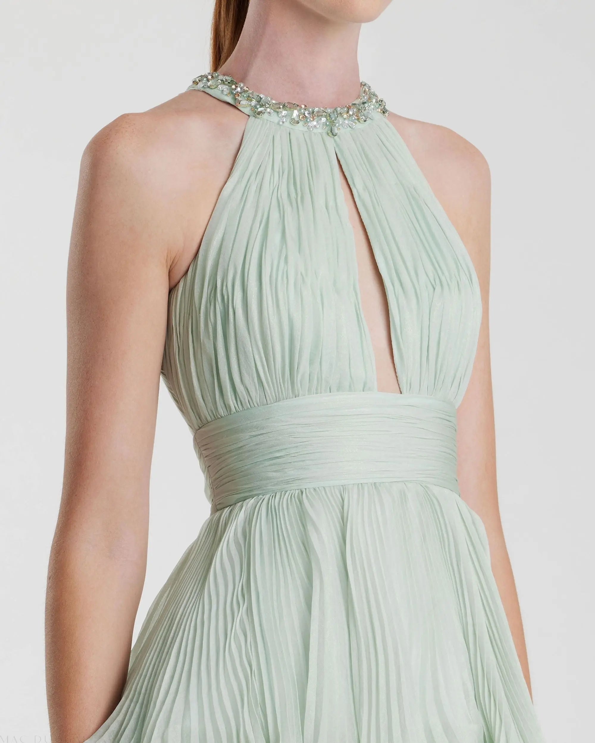 Green High Neck Chiffon Tiered Gown with Cut Out