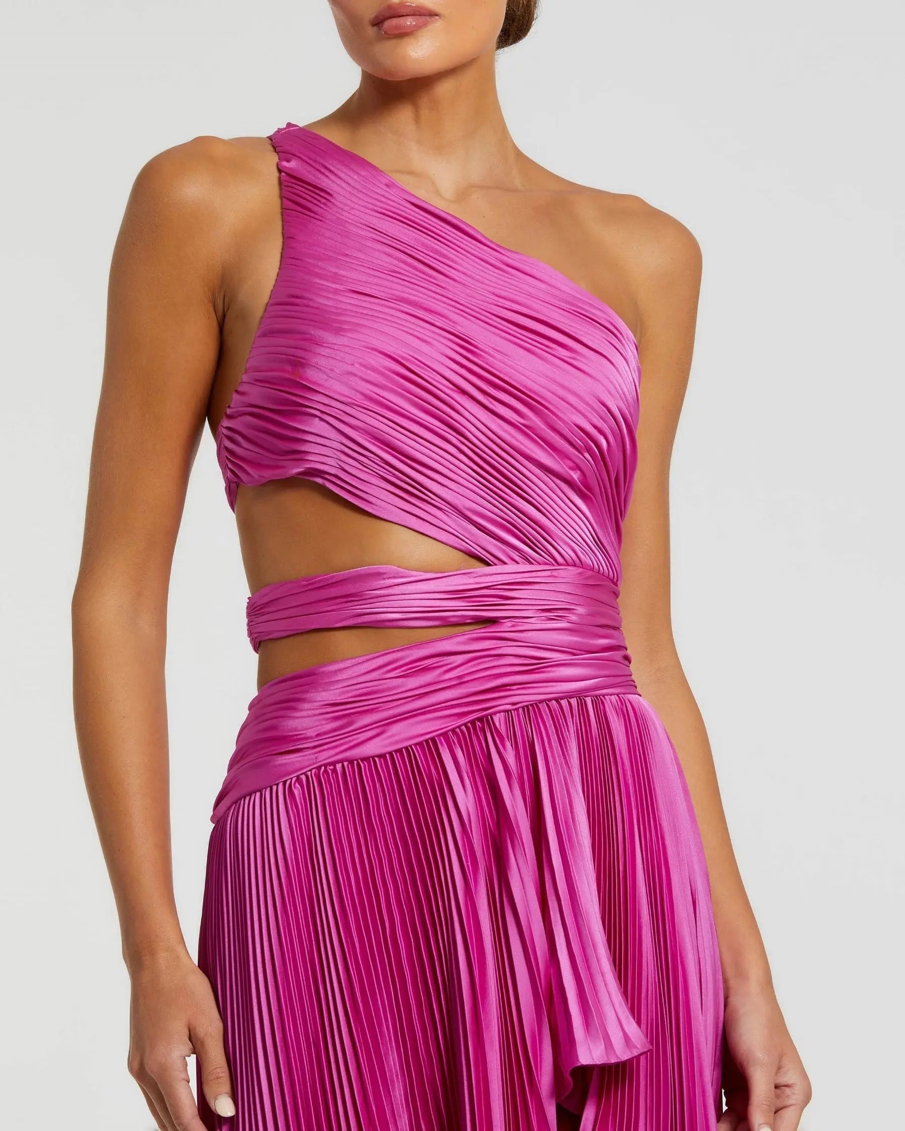 Purple One Shoulder Pleated Charmeuse Gown with Slit