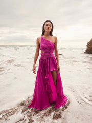 Purple One Shoulder Pleated Charmeuse Gown with Slit