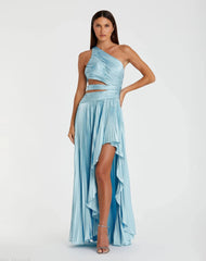 Blue One Shoulder Pleated Charmeuse High Low Gown