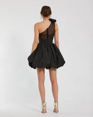 Black Taffeta One Shoulder Ruffle Bubble Mini Dress