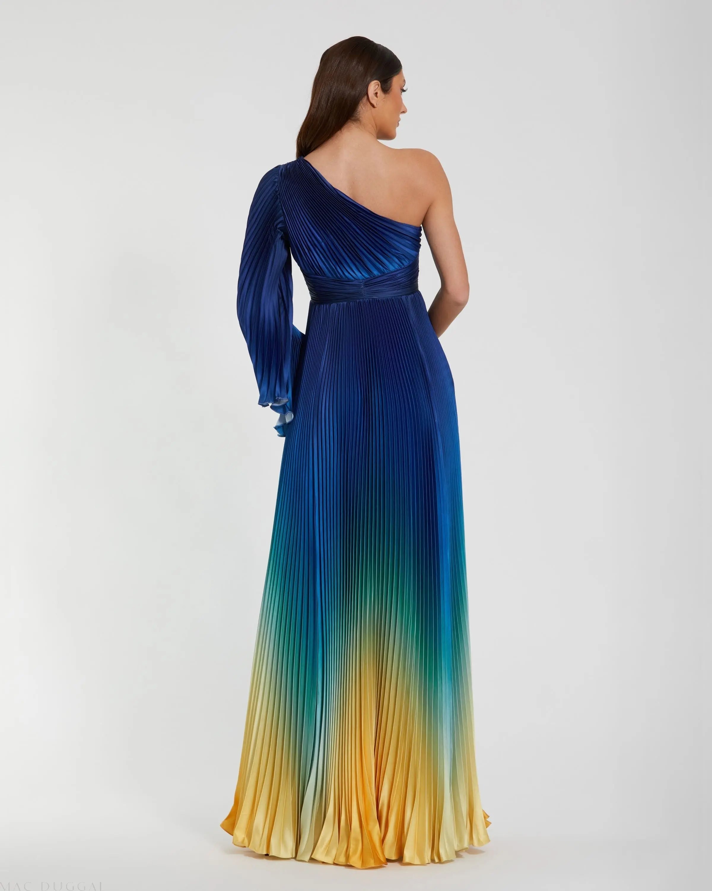 Blue Ombre Pleated Charmeuse One-Shoulder Gown