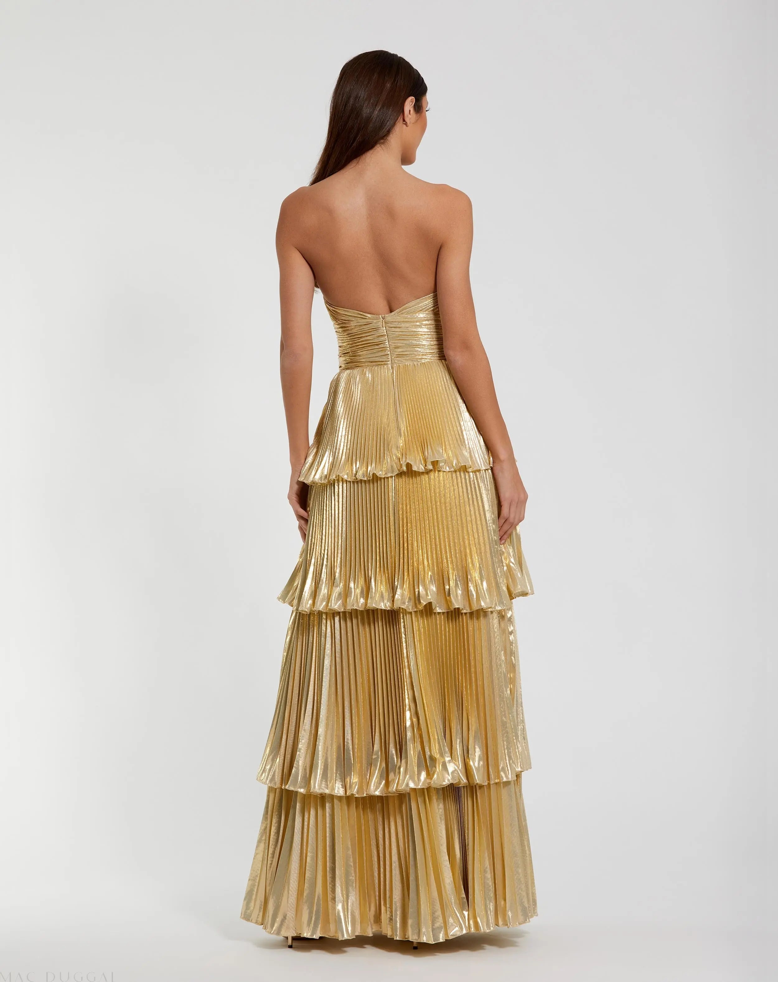 Gold Strapless Pleated Metallic Layered Ruffle Gown