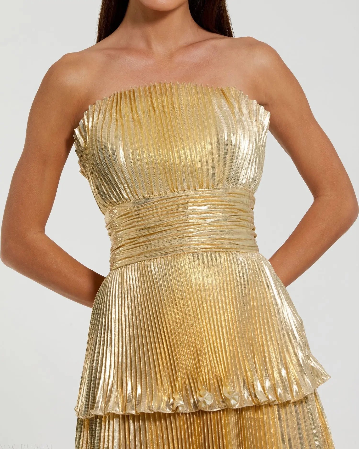 Gold Strapless Pleated Metallic Layered Ruffle Gown