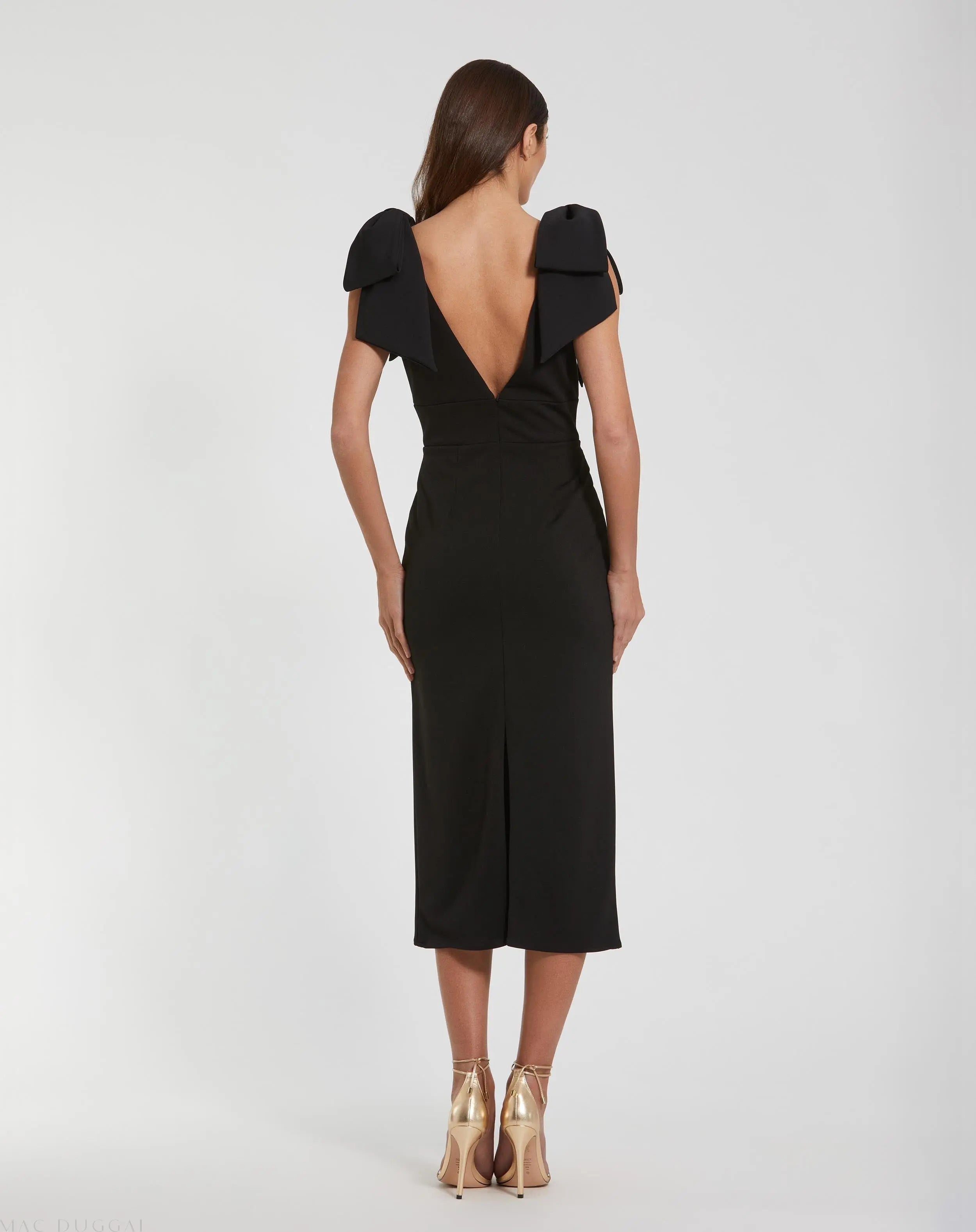 Black Bow Strap Crepe Fitted Midi Dress