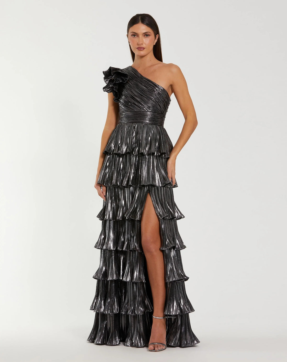 Dark Gray Pleated Metallic Ruffled One Shoulder Gown