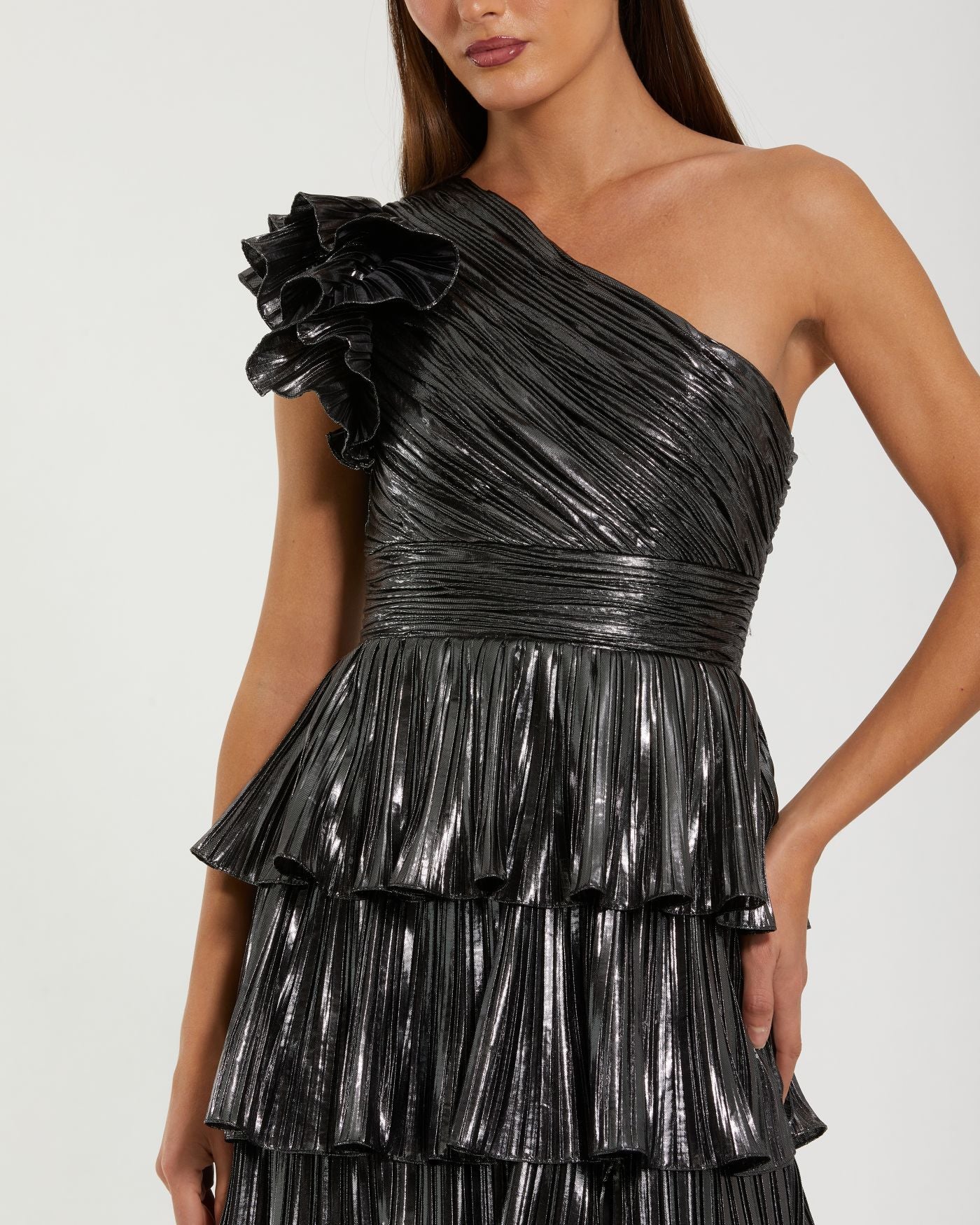 Dark Gray Pleated Metallic Ruffled One Shoulder Gown