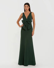 Green Crepe Sleeveless V-Neck Gown with Bow