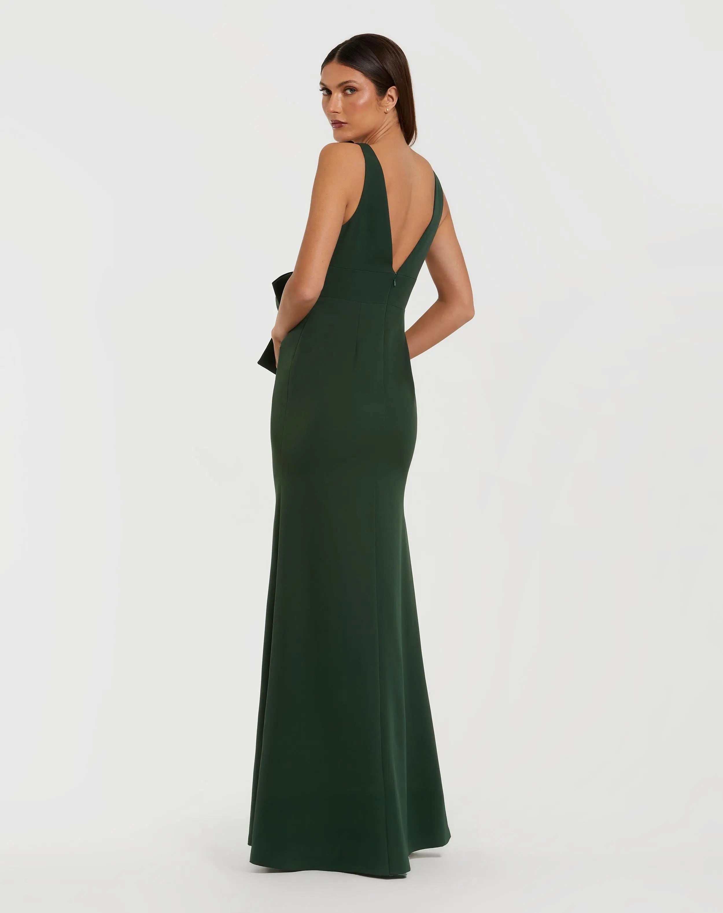 Green Crepe Sleeveless V-Neck Gown with Bow