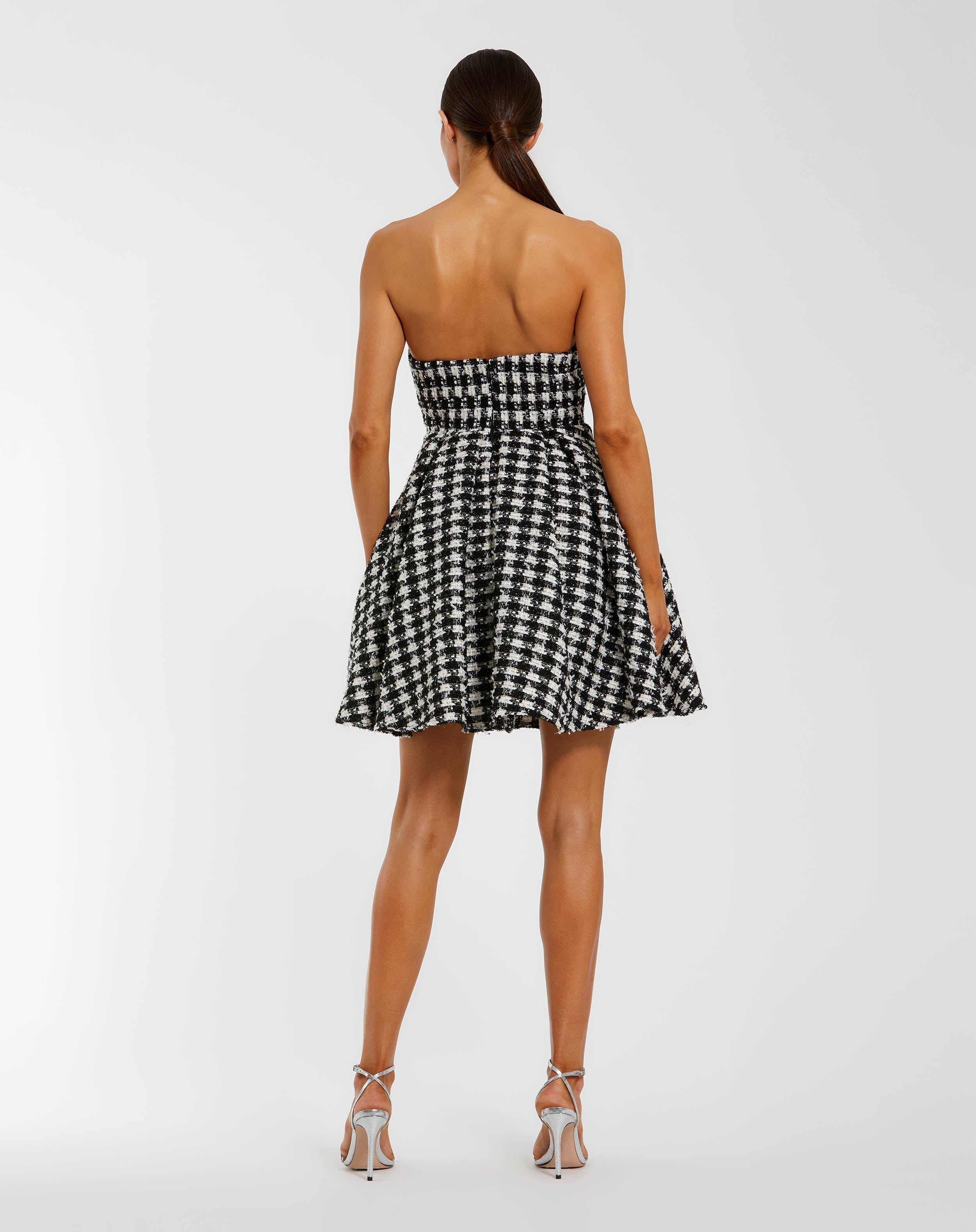 Black and White Strapless Boucle Mini Dress With Bow