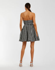 Black and White Strapless Boucle Mini Dress With Bow
