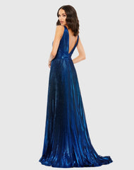 Blue Plunge Neck Pleated Metallic Gown