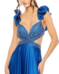Blue Beaded Cross Cut Out Ruffled Strap A Line Gown