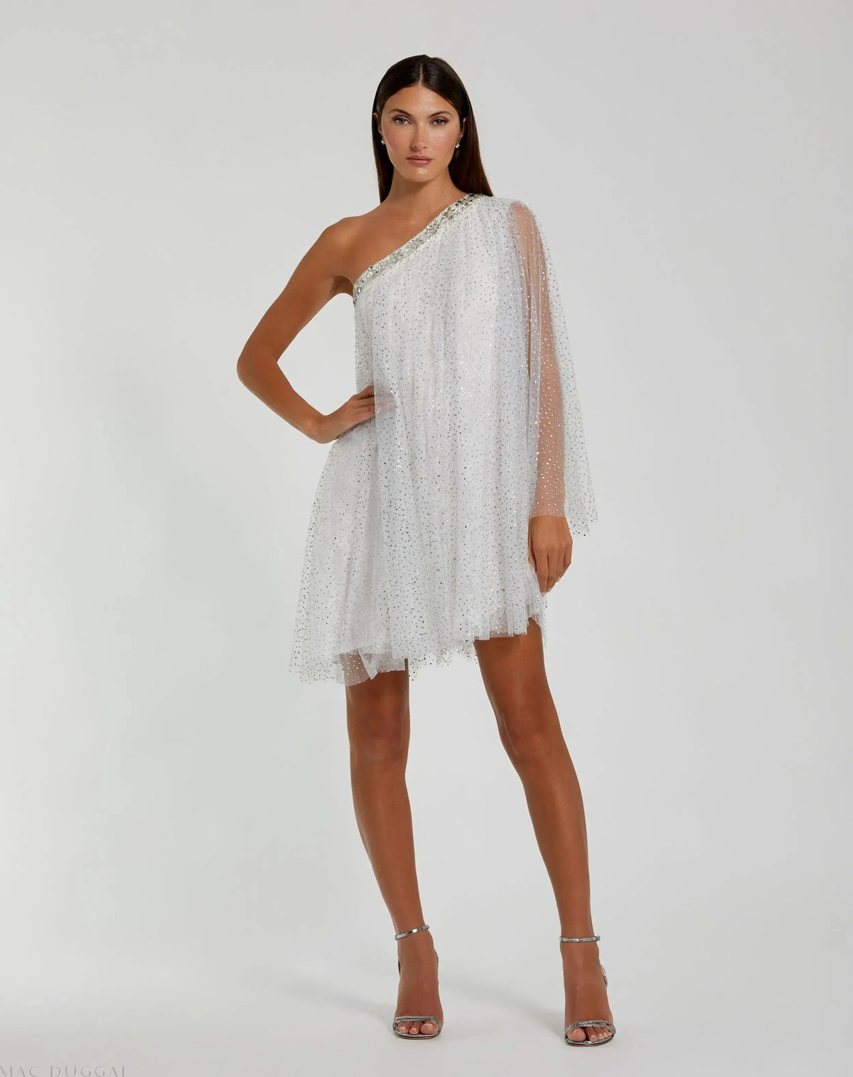 White One Shoulder Embellished Tulle Mini Dress
