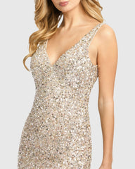 Silver and Gold Sleeveless Sequin V-Neck Mini Dress