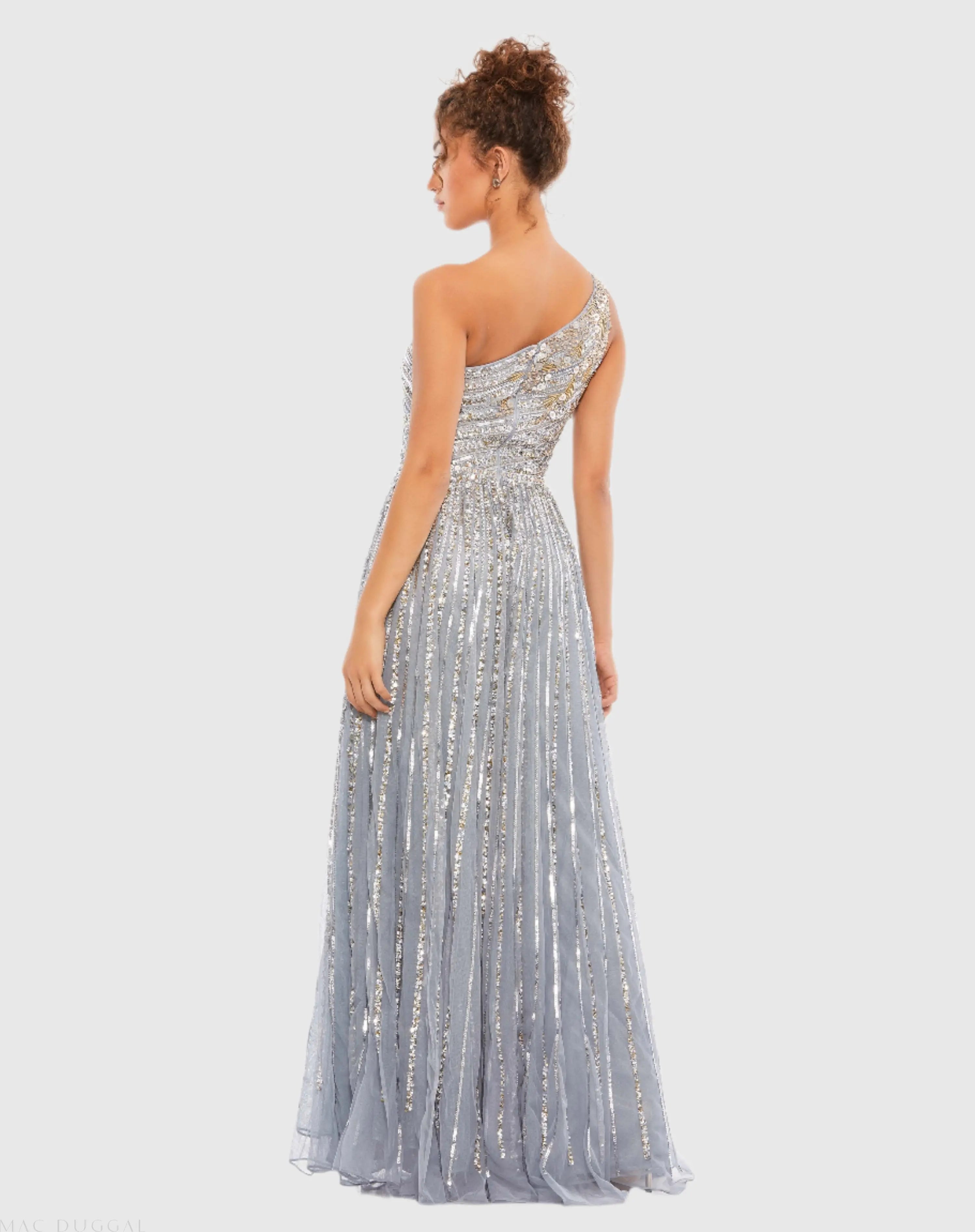 Silver Embellished One Shoulder A-Line Gown