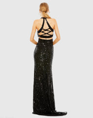 Black Sleeveless Faux Wrap Sequin Embellished Cut Out Back Gown