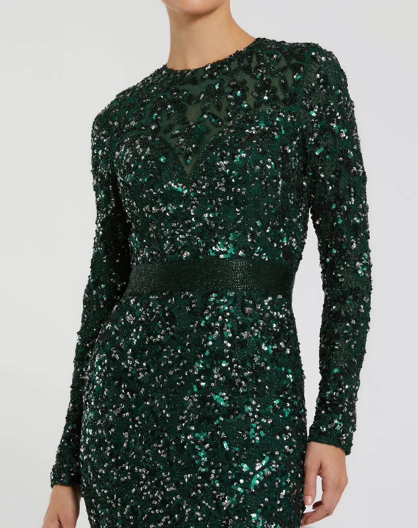 Green Hand Embellished Long Sleeve Gown