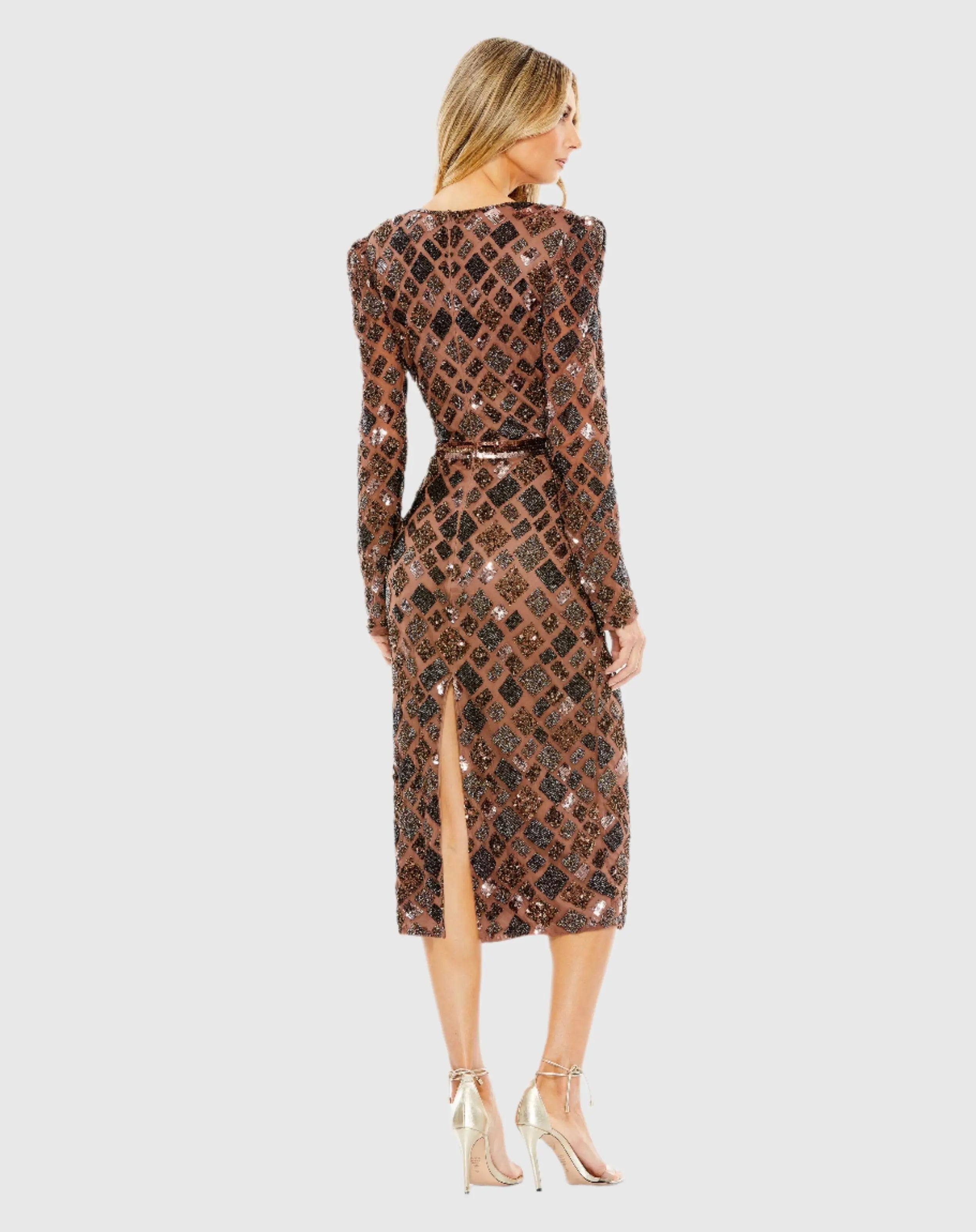 Brown Geo Embellished Midi Sheath Dress