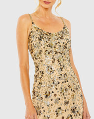 Beige Floral Embellished Scoop Neck Evening Gown