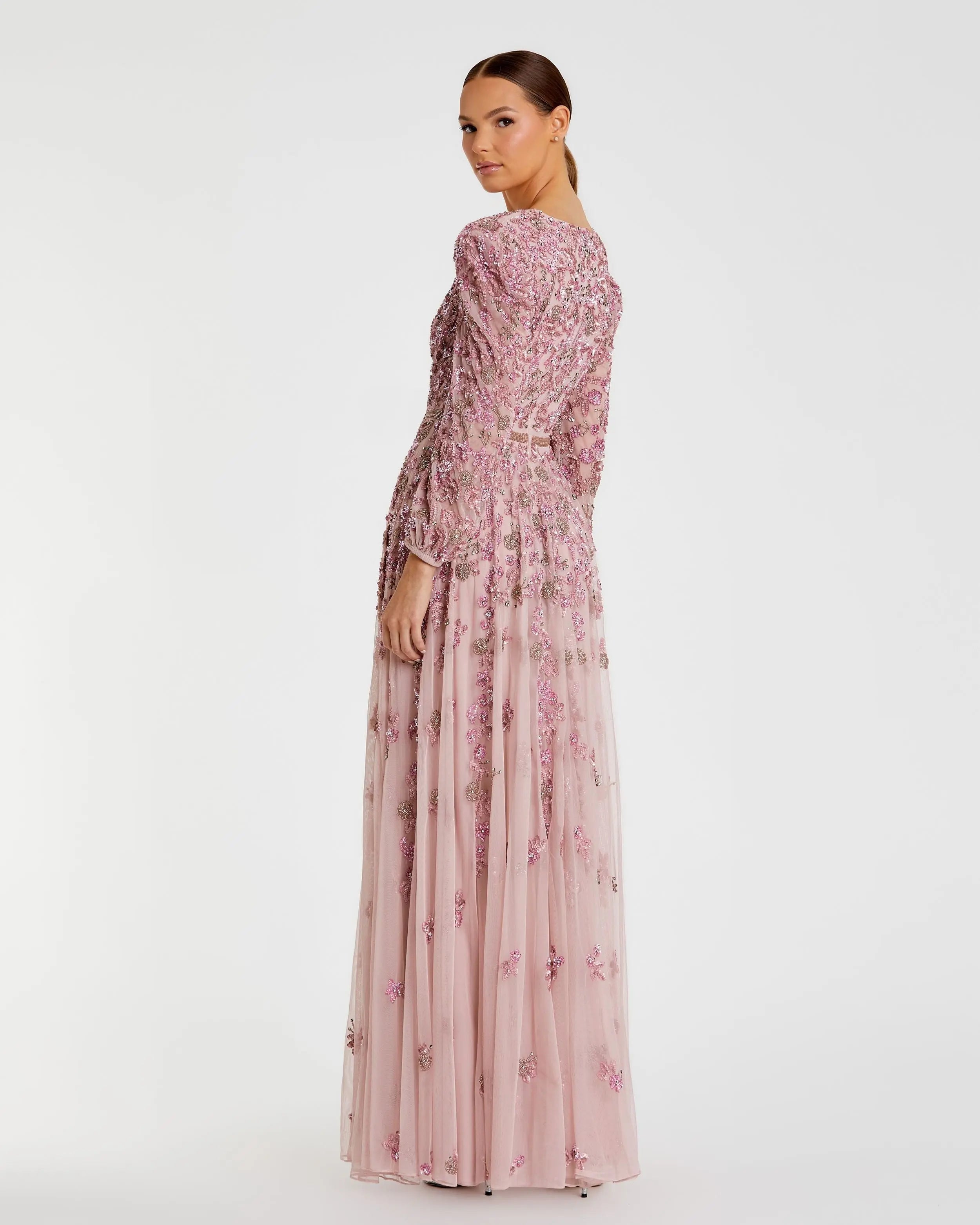 Pink Embellished V Neck Long Sleeve A Line Gown