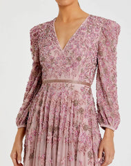 Pink Embellished V Neck Long Sleeve A Line Gown