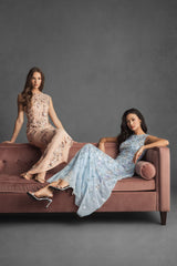 Blue Sequined High Neck Cap Sleeve A Line Gown