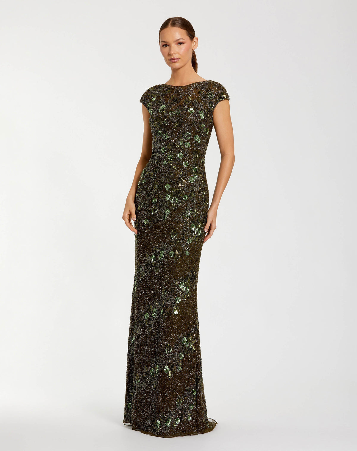 Floral Embellished Cap Sleeve Column Gown
