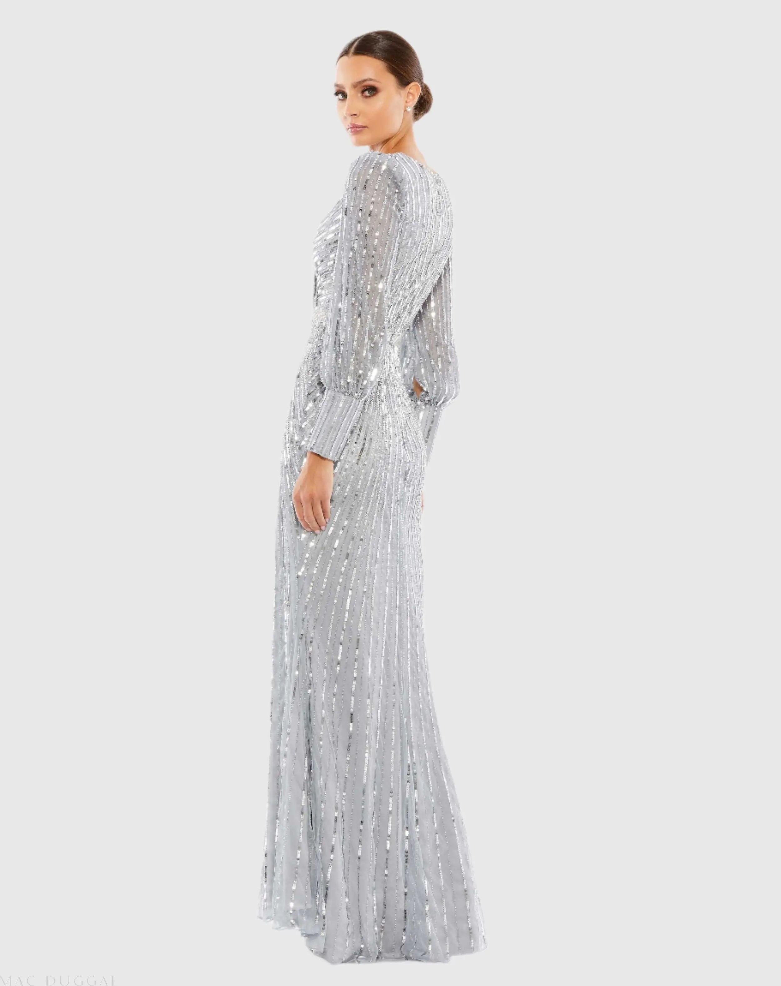 Silver Sequined Wrap Over Bishop Sleeve Gown