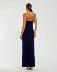 Blue Strapless High Slit Draped Velvet Gown