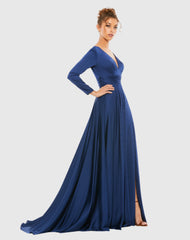 Navy Long Sleeve Ruched Waist A-Line Gown