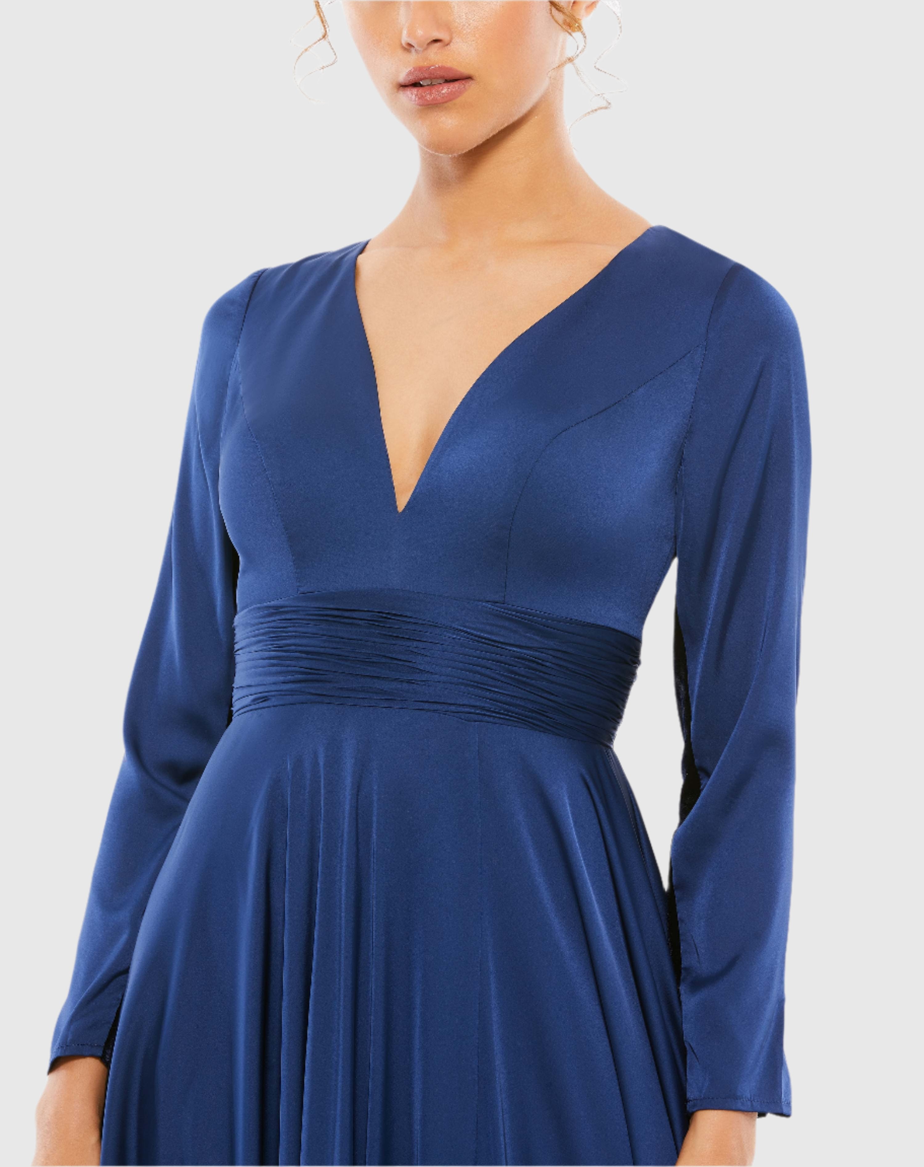 Navy Long Sleeve Ruched Waist A-Line Gown