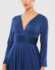 Navy Long Sleeve Ruched Waist A-Line Gown