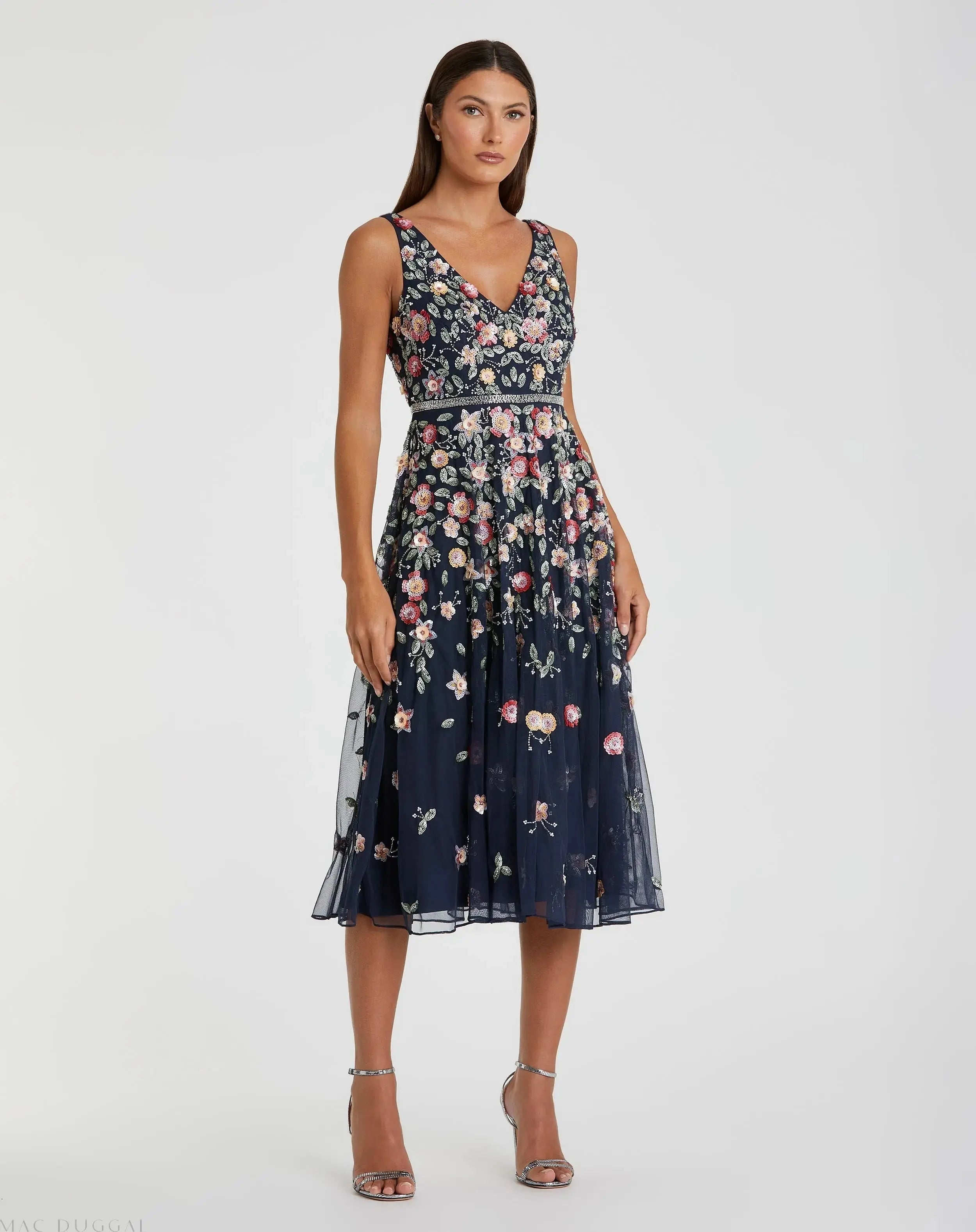 V-Neck Sleeveless Midi Floral Beaded A-line Dress